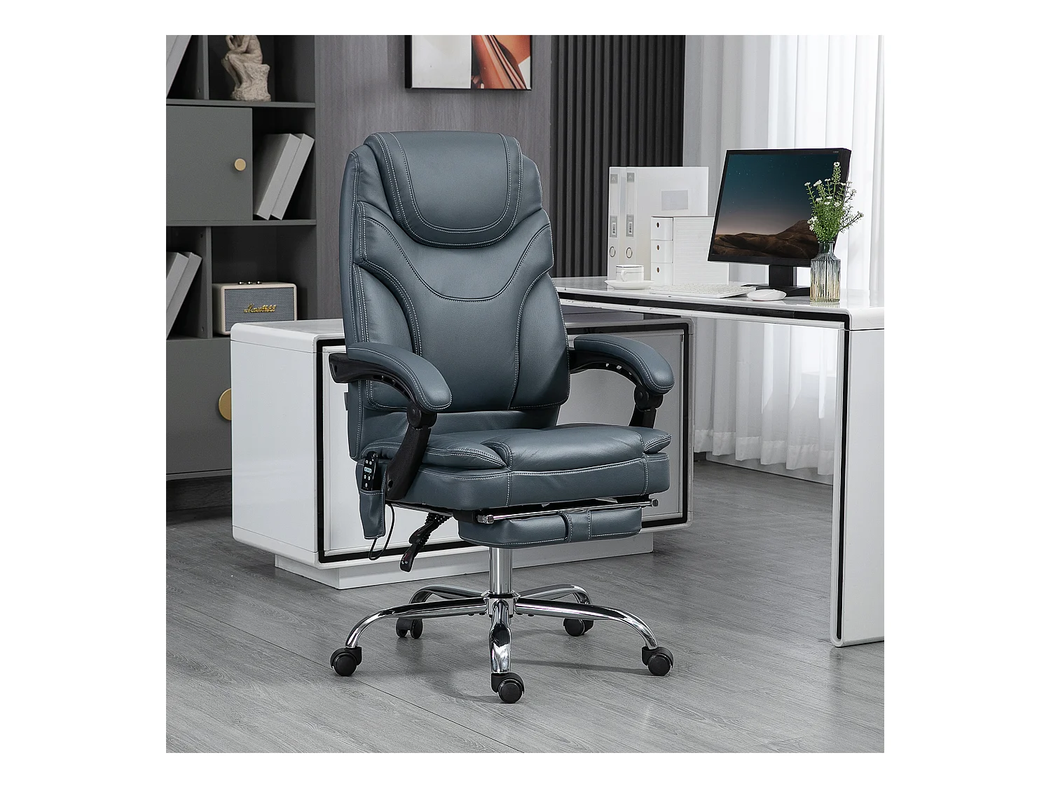 Sedia da ufficio massaggiante e riscaldante con poggiapiedi grigio