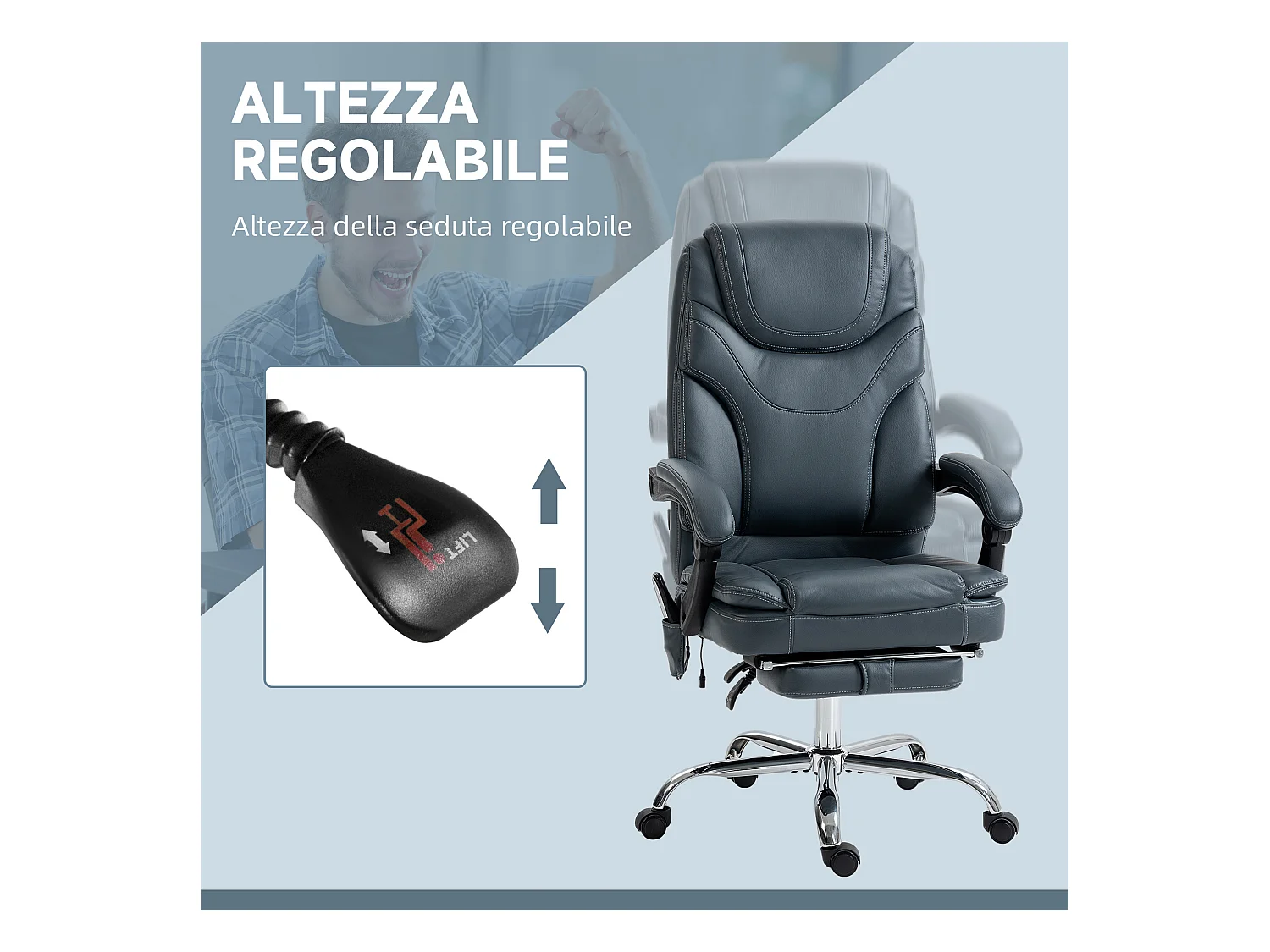 Sedia da ufficio massaggiante e riscaldante con poggiapiedi grigio