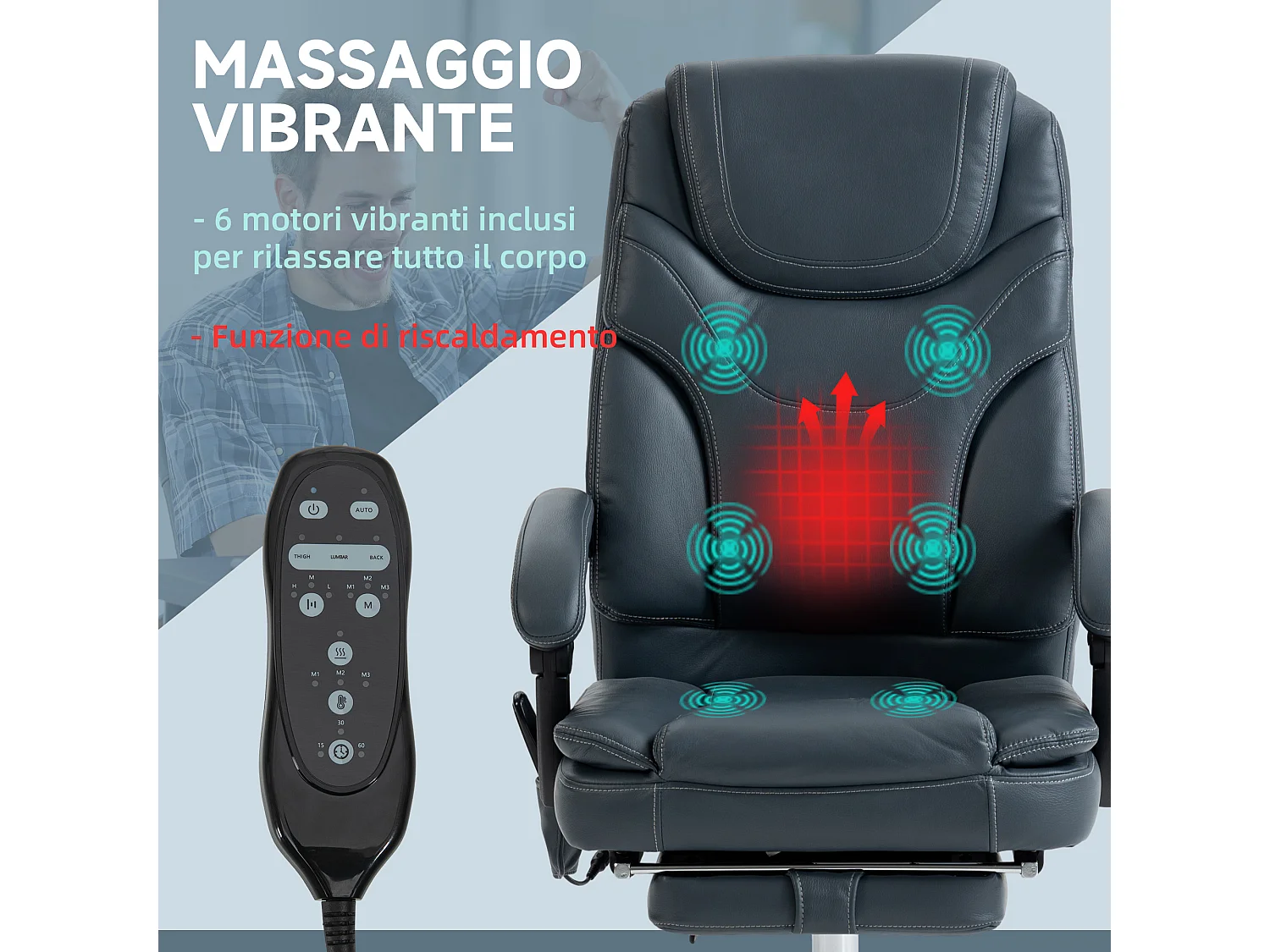 Sedia da ufficio massaggiante e riscaldante con poggiapiedi grigio