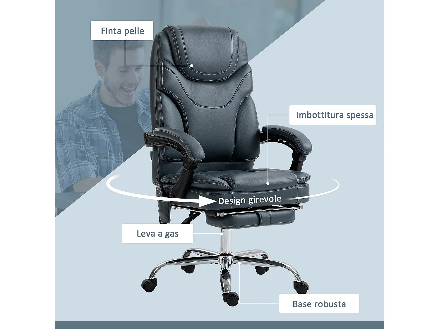 Sedia da ufficio massaggiante e riscaldante con poggiapiedi grigio