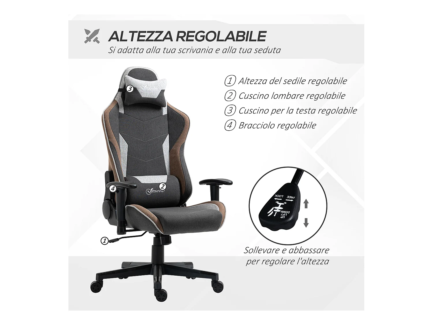 Sedia gaming reclinabile a 150° poggiatesta cuscino lombare