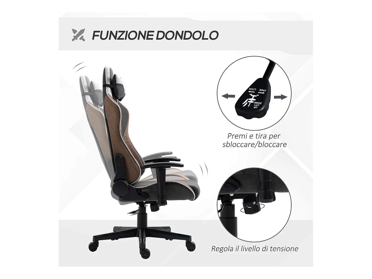 Sedia gaming reclinabile a 150° poggiatesta cuscino lombare