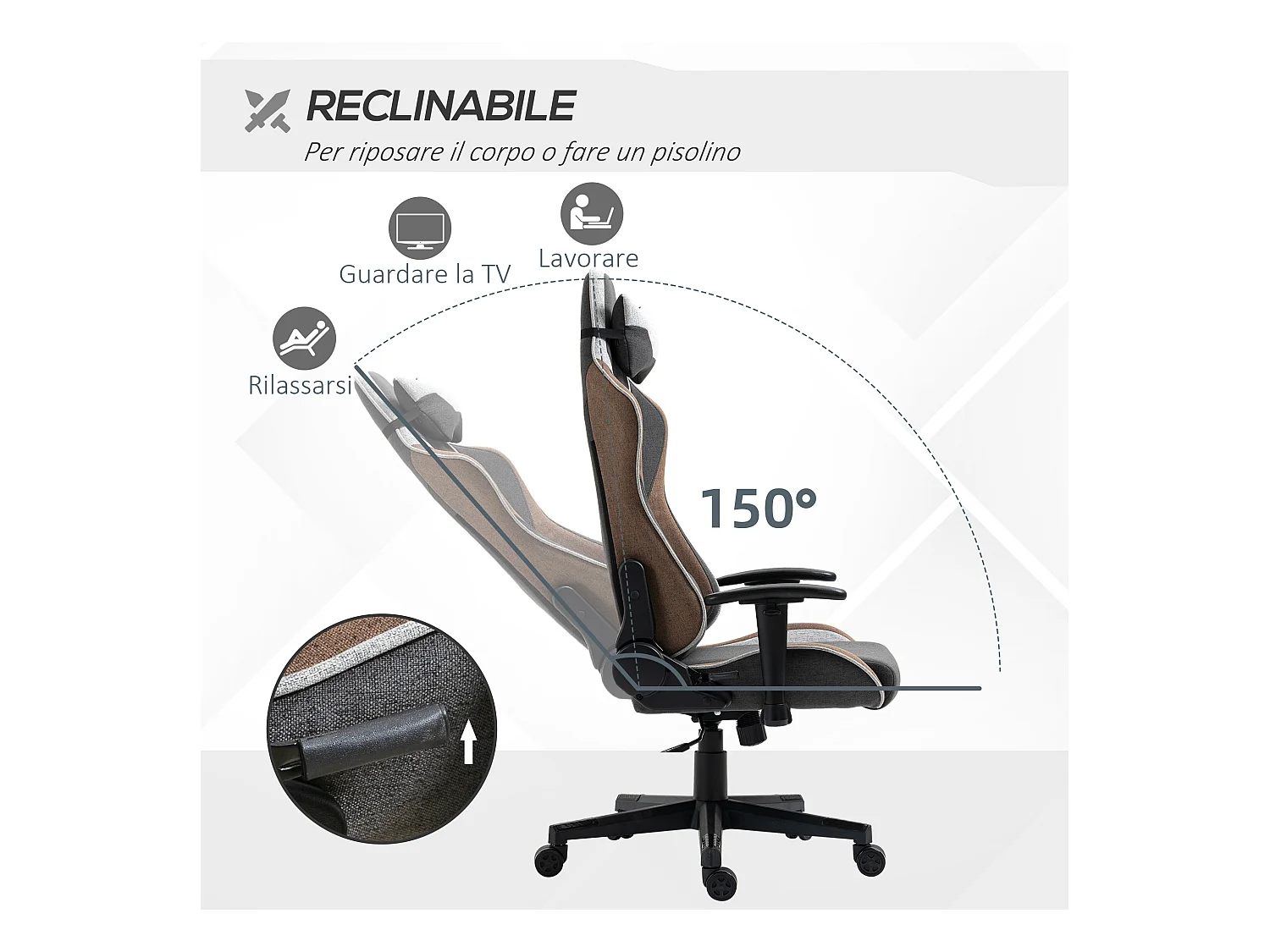 Sedia gaming reclinabile a 150° poggiatesta cuscino lombare