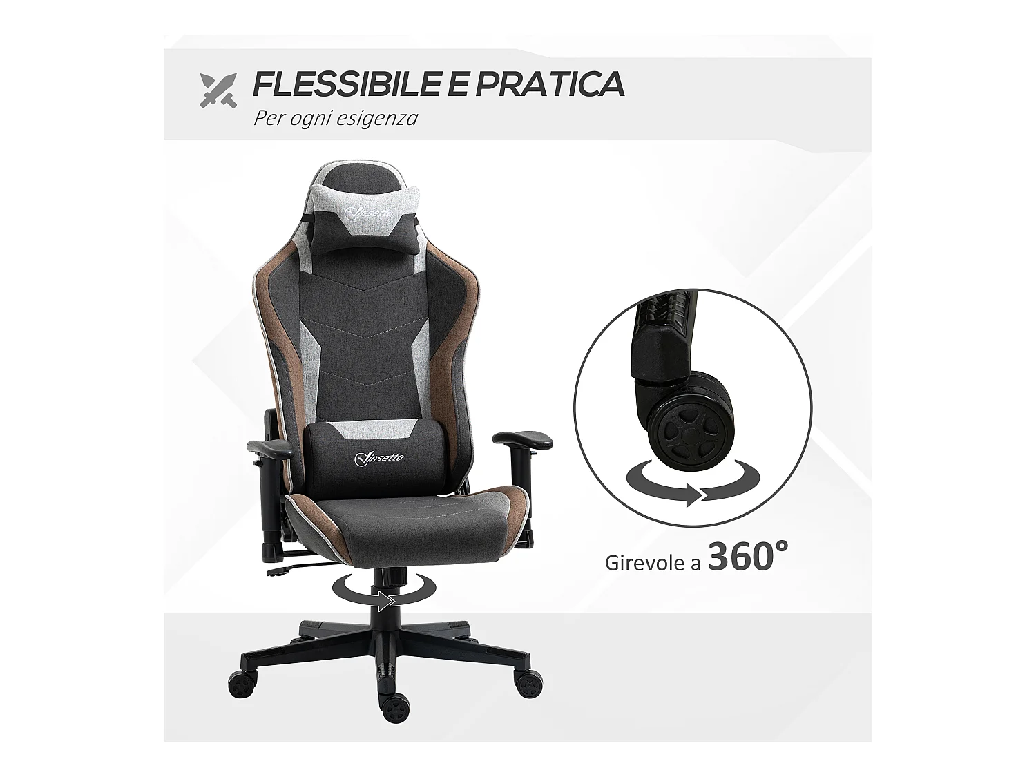 Sedia gaming reclinabile a 150° poggiatesta cuscino lombare