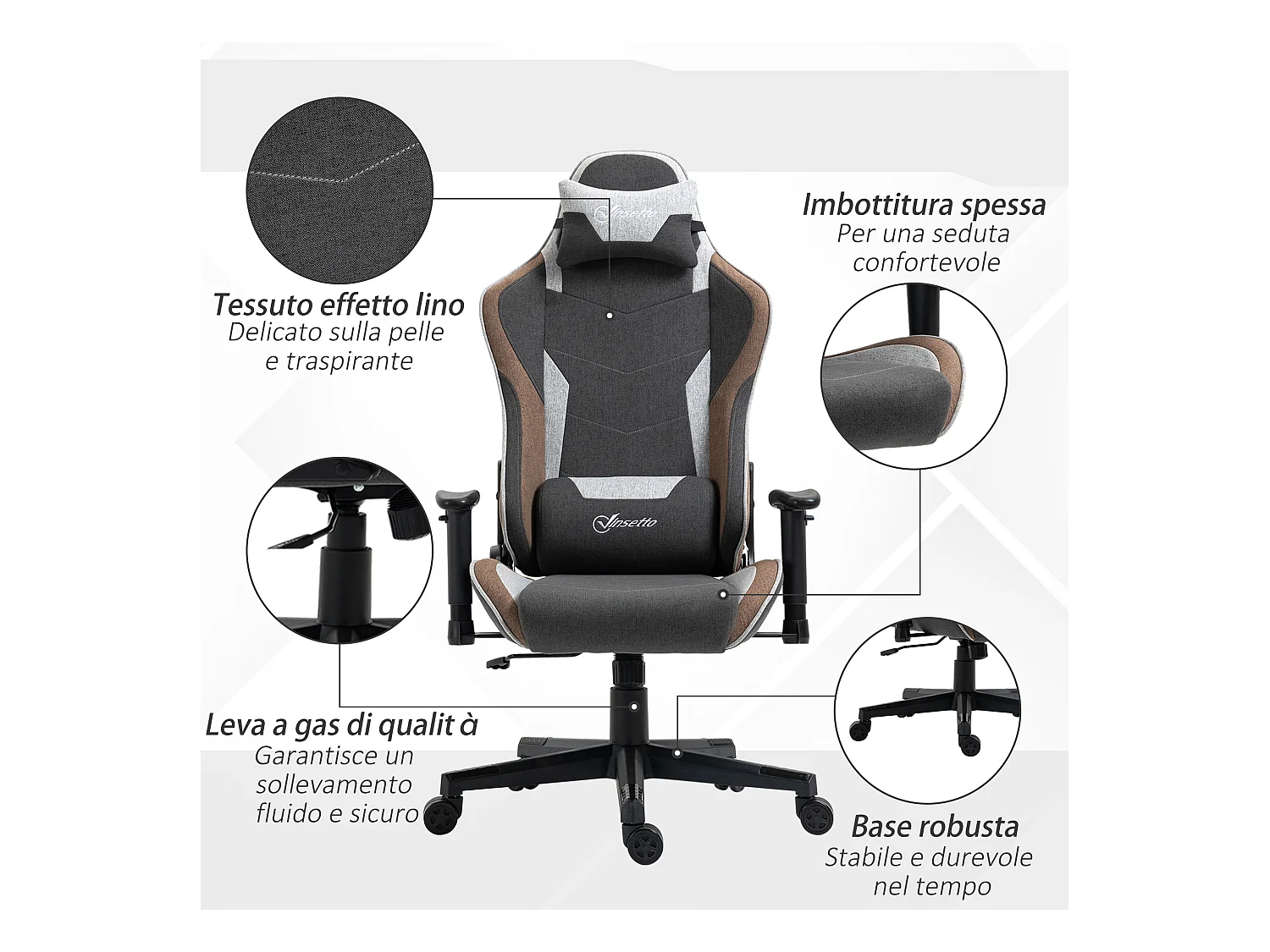 Sedia gaming reclinabile a 150° poggiatesta cuscino lombare