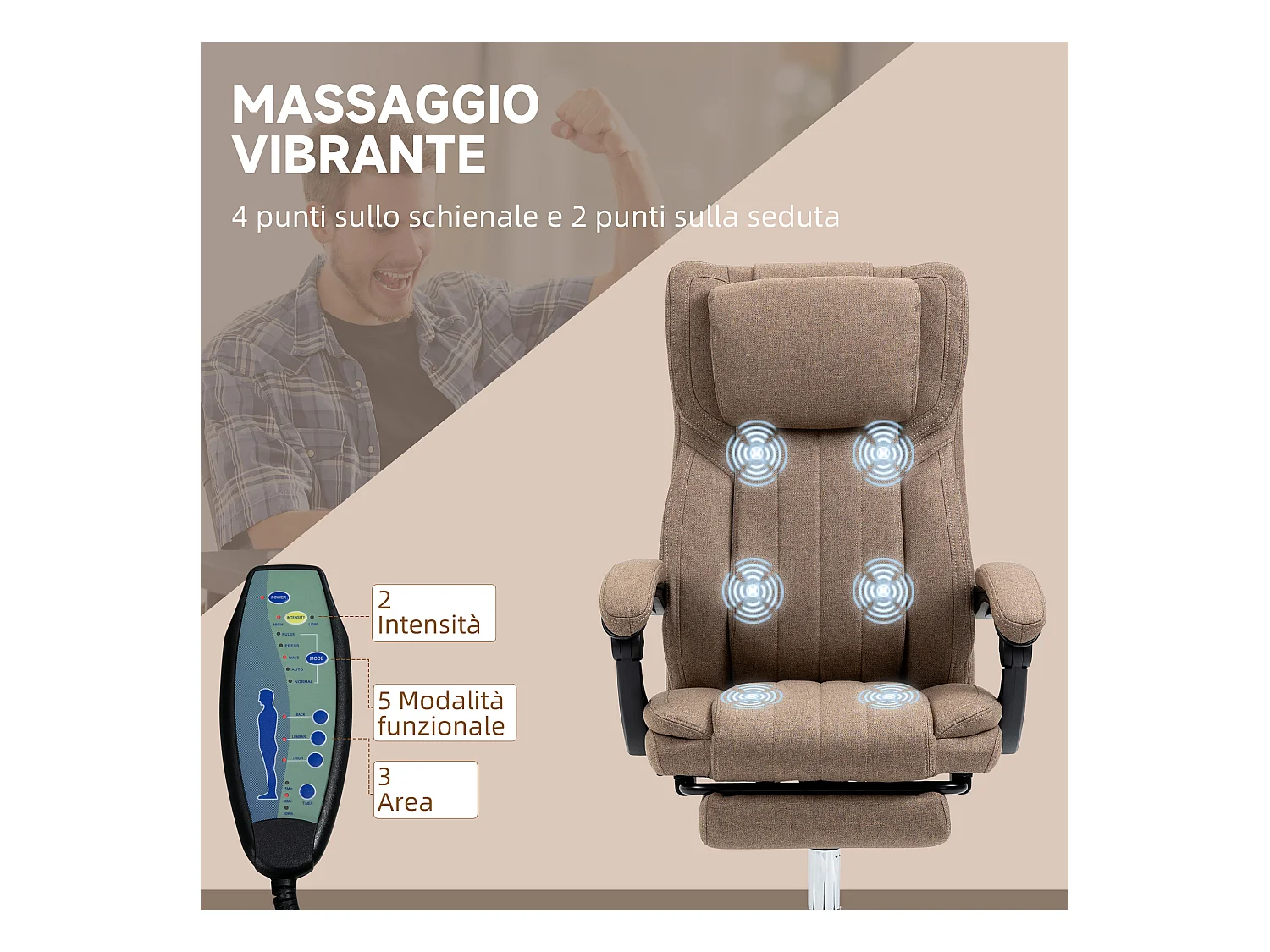Sedia da ufficio massaggiante con poggiapiedi e telecomando marrone