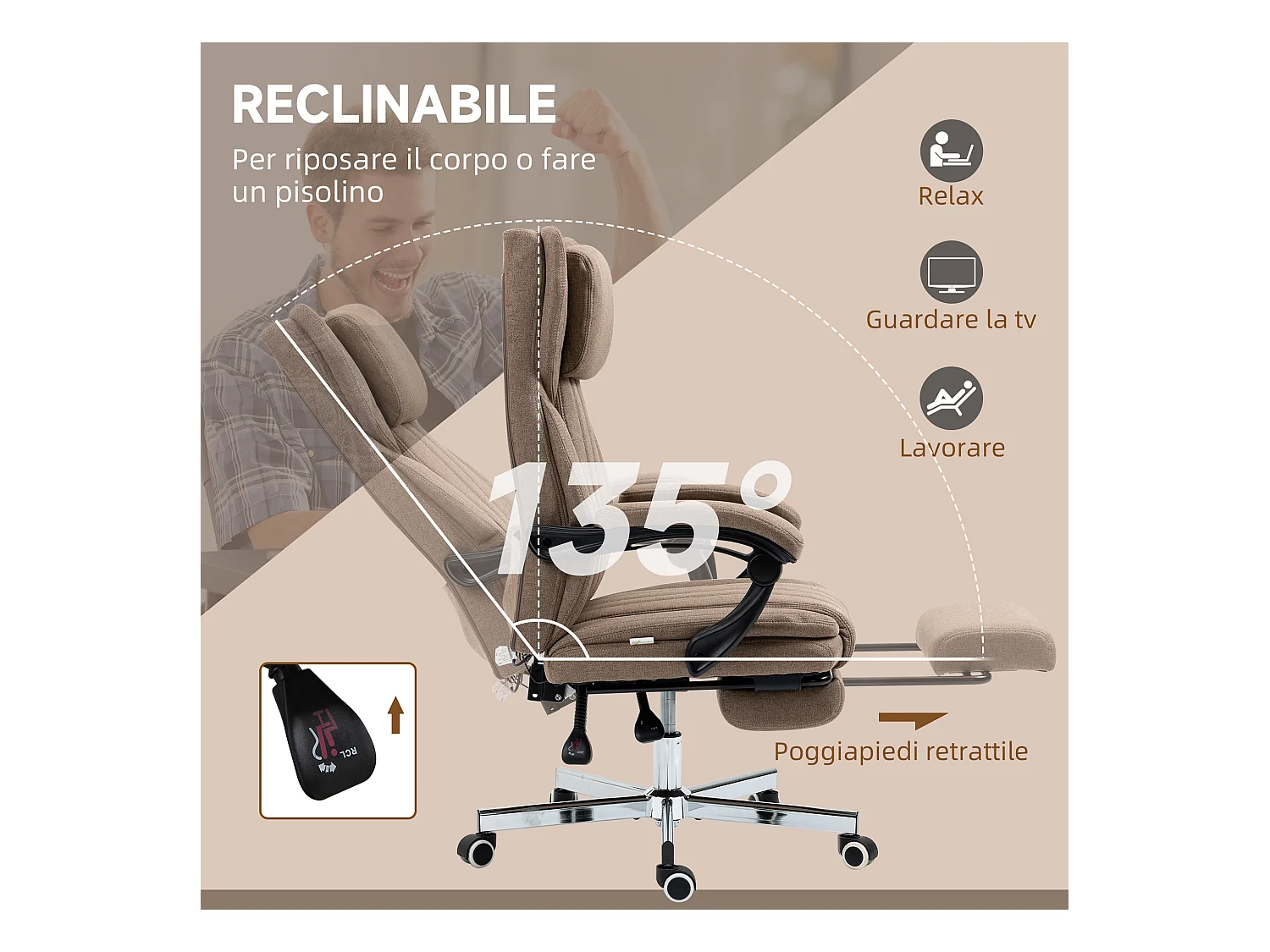 Sedia da ufficio massaggiante con poggiapiedi e telecomando marrone