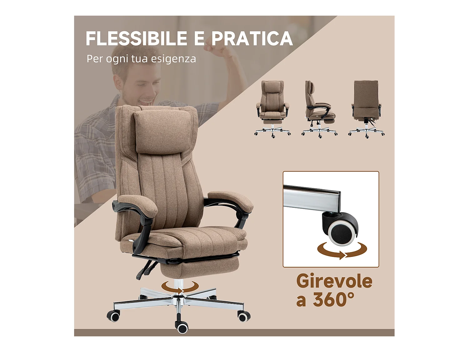 Sedia da ufficio massaggiante con poggiapiedi e telecomando marrone