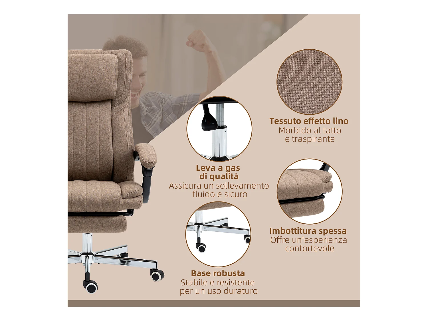 Sedia da ufficio massaggiante con poggiapiedi e telecomando marrone