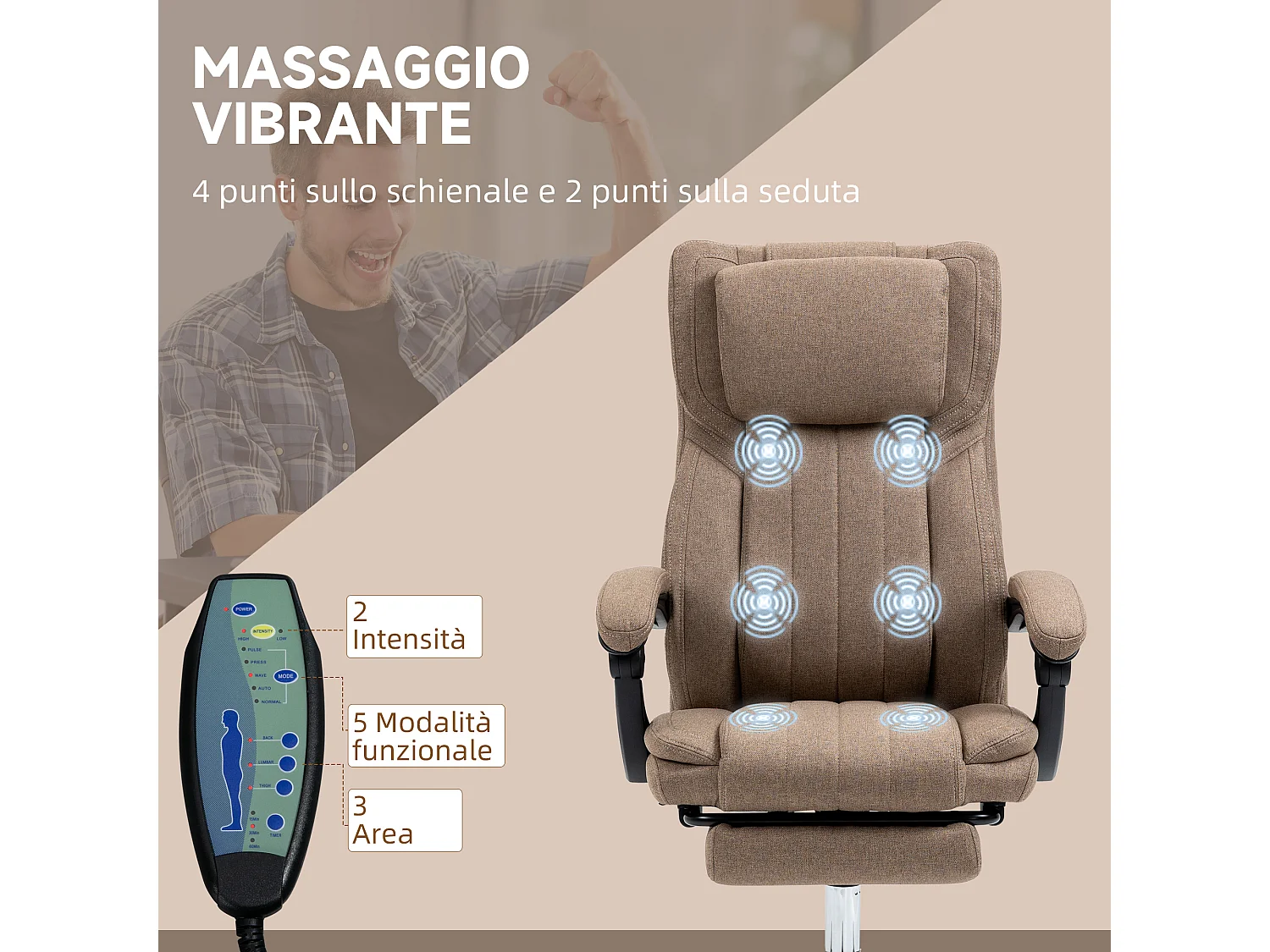 Sedia da ufficio massaggiante con poggiapiedi e telecomando marrone
