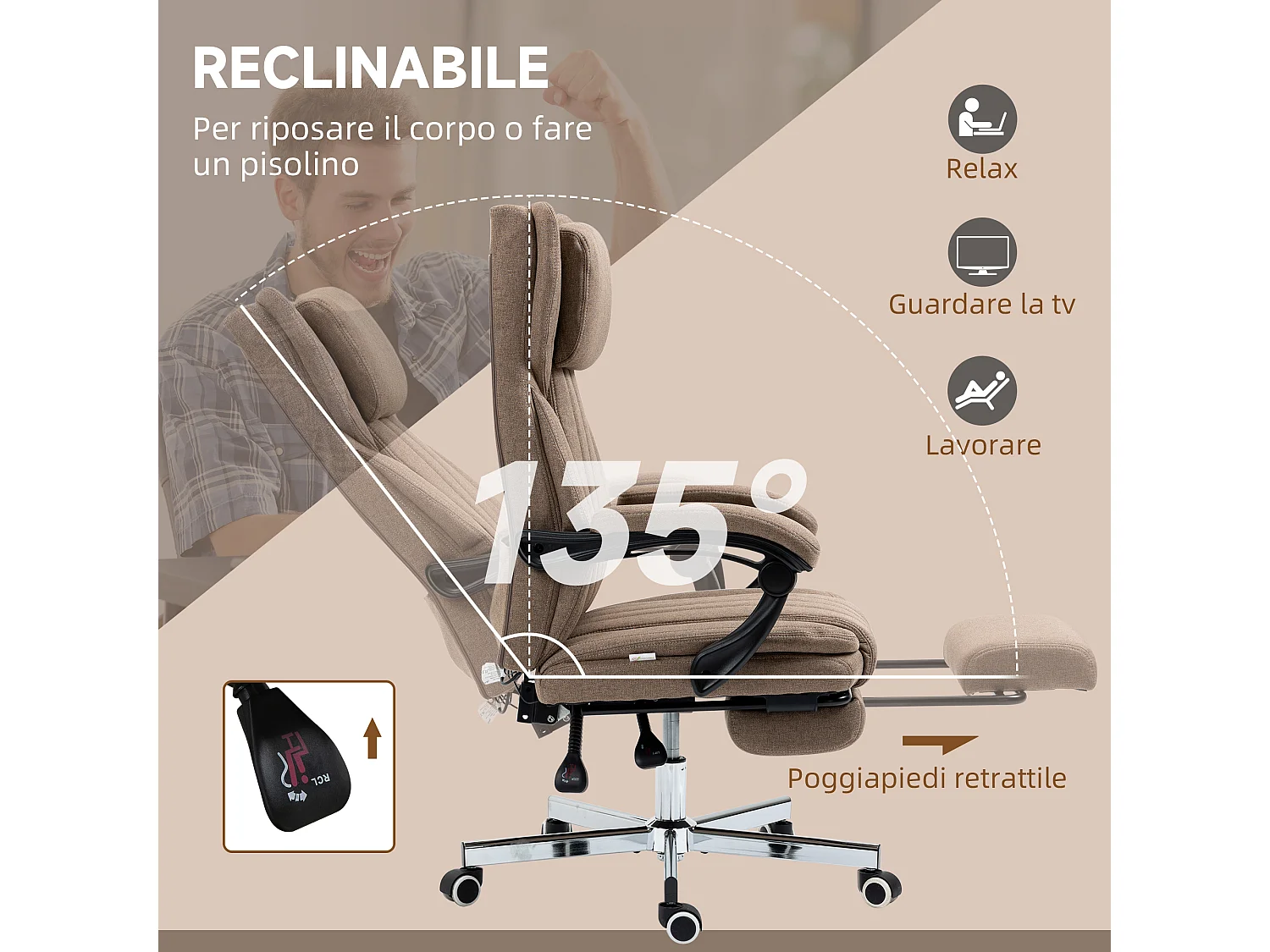 Sedia da ufficio massaggiante con poggiapiedi e telecomando marrone