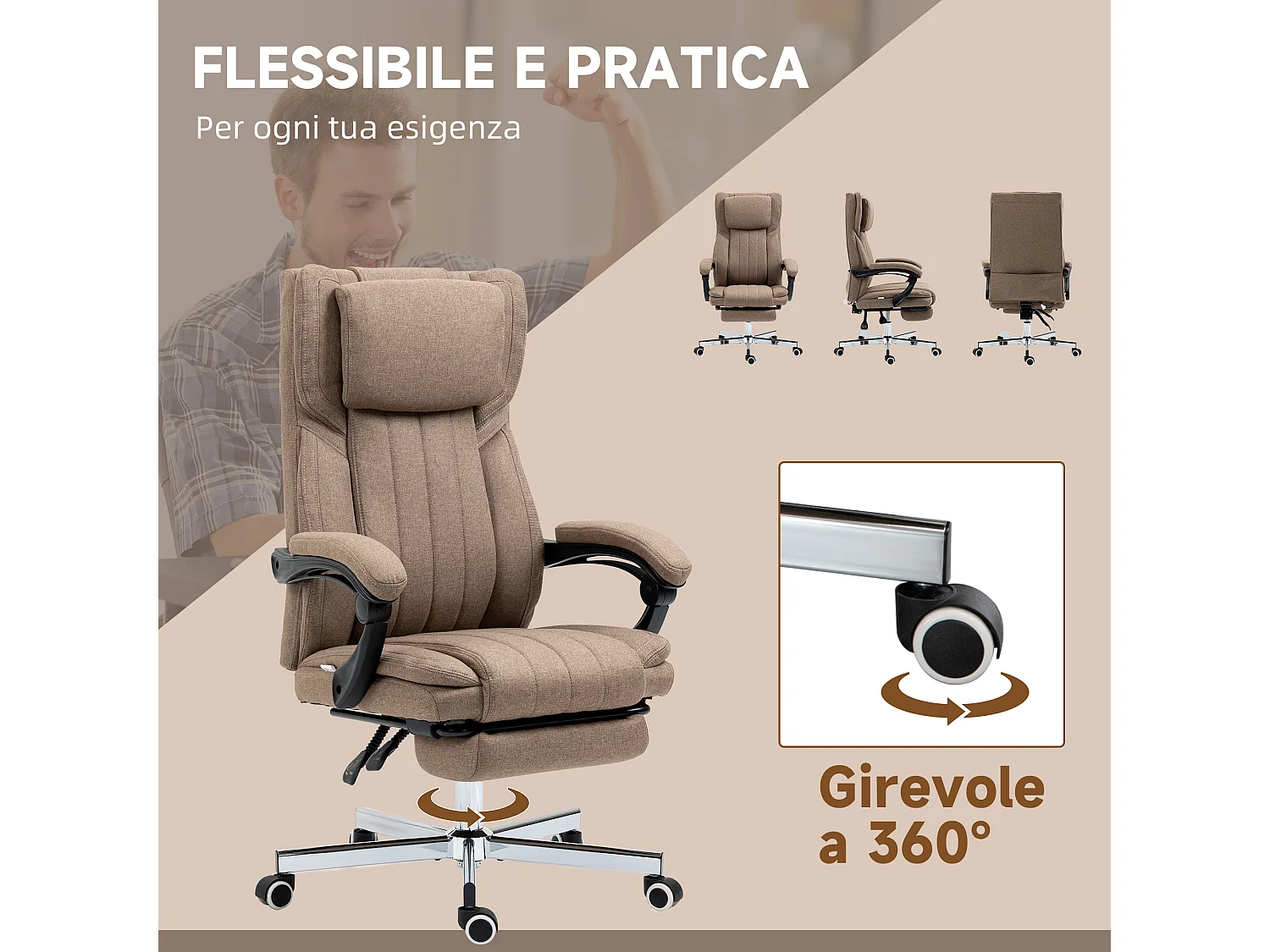 Sedia da ufficio massaggiante con poggiapiedi e telecomando marrone