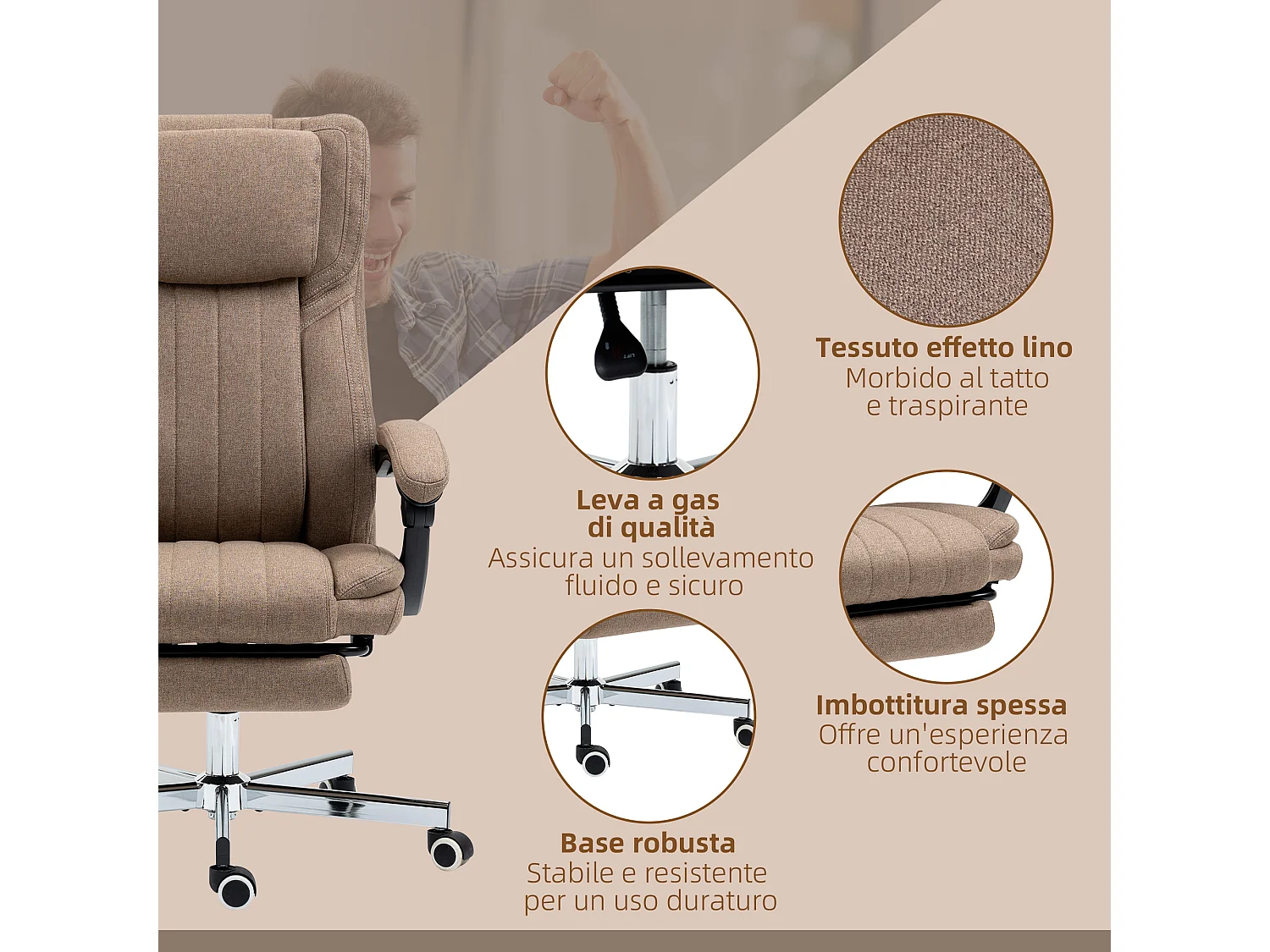 Sedia da ufficio massaggiante con poggiapiedi e telecomando marrone