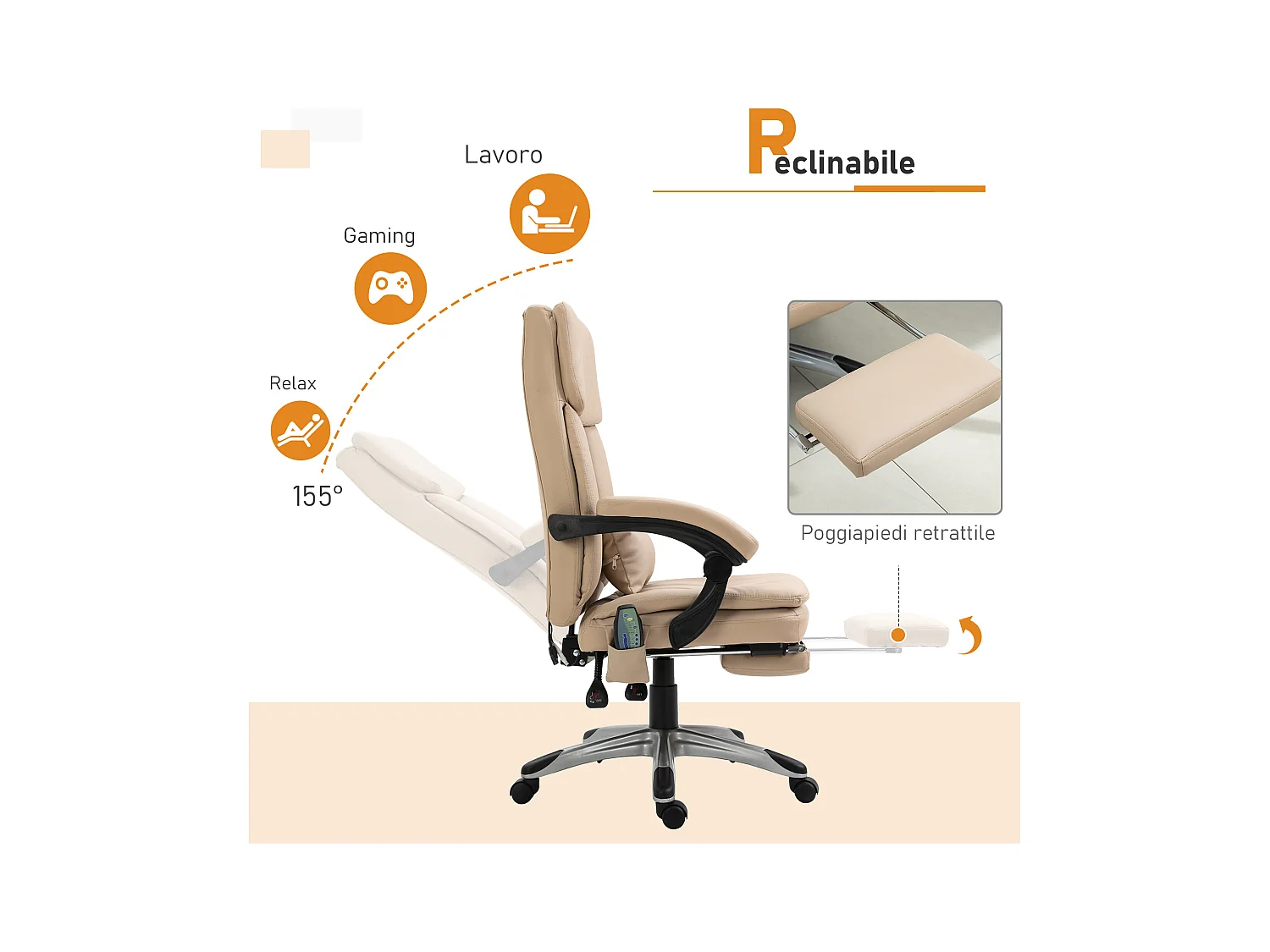Poltrona ufficio massaggiante regolabile e reclinabile beige
