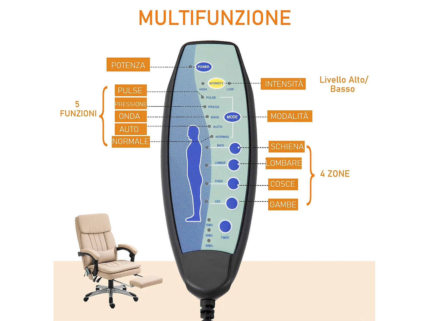 Poltrona ufficio massaggiante regolabile e reclinabile beige