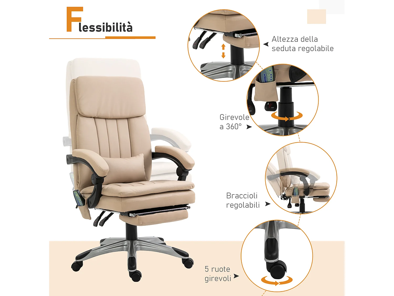 Poltrona ufficio massaggiante regolabile e reclinabile beige