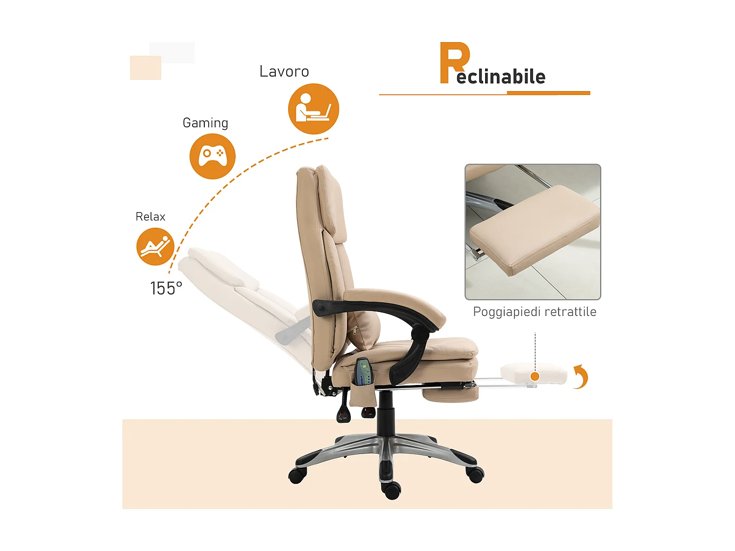 Poltrona ufficio massaggiante regolabile e reclinabile beige