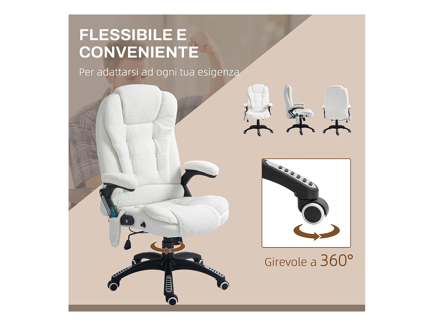 Sedia da ufficio a 6 punti massaggianti con altezza regolabile bianca