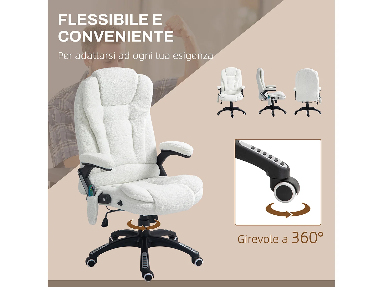 Sedia da ufficio a 6 punti massaggianti con altezza regolabile bianca