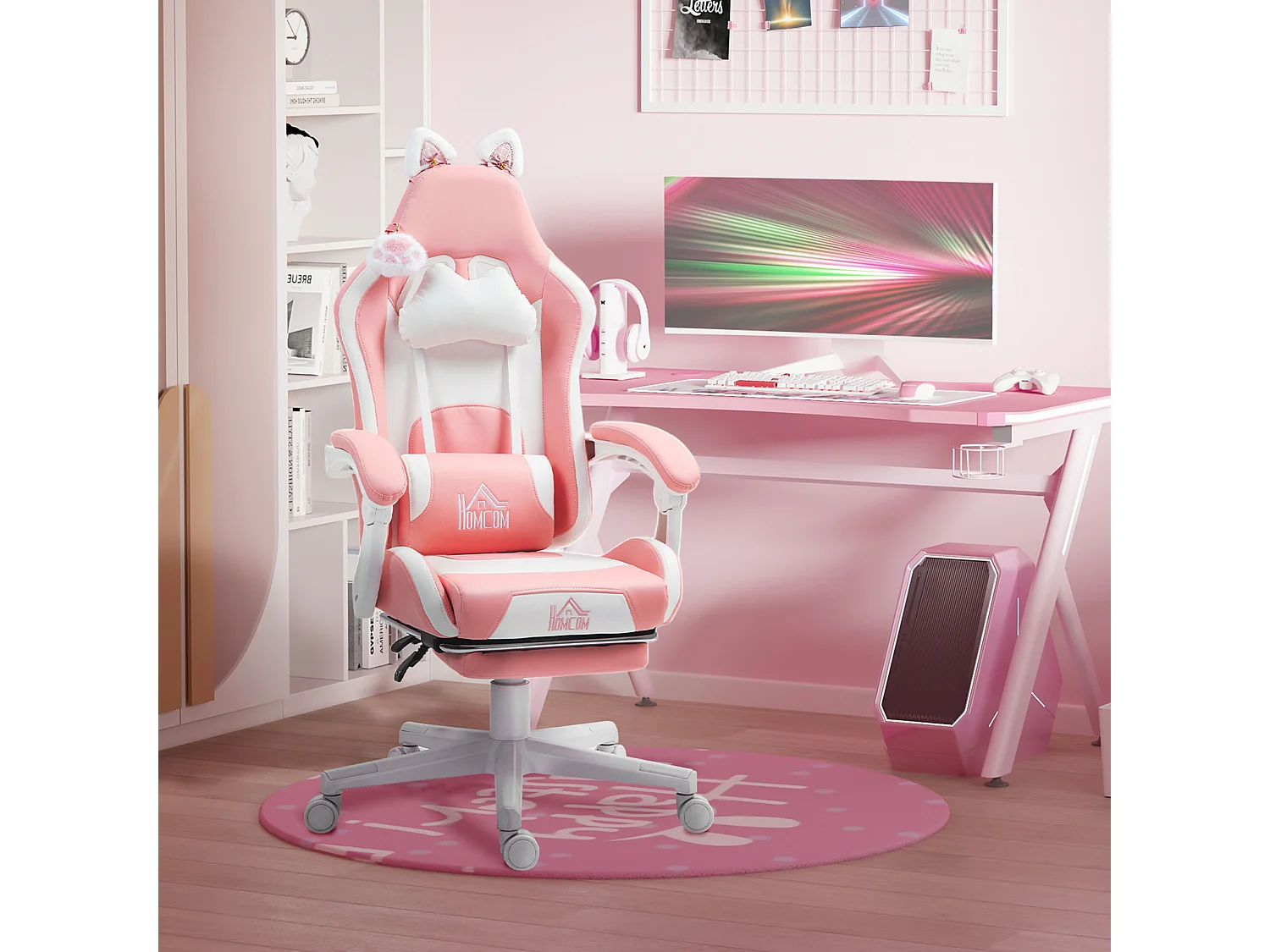 Sedia gaming con orecchie e poggiapiedi in finta pelle rosa