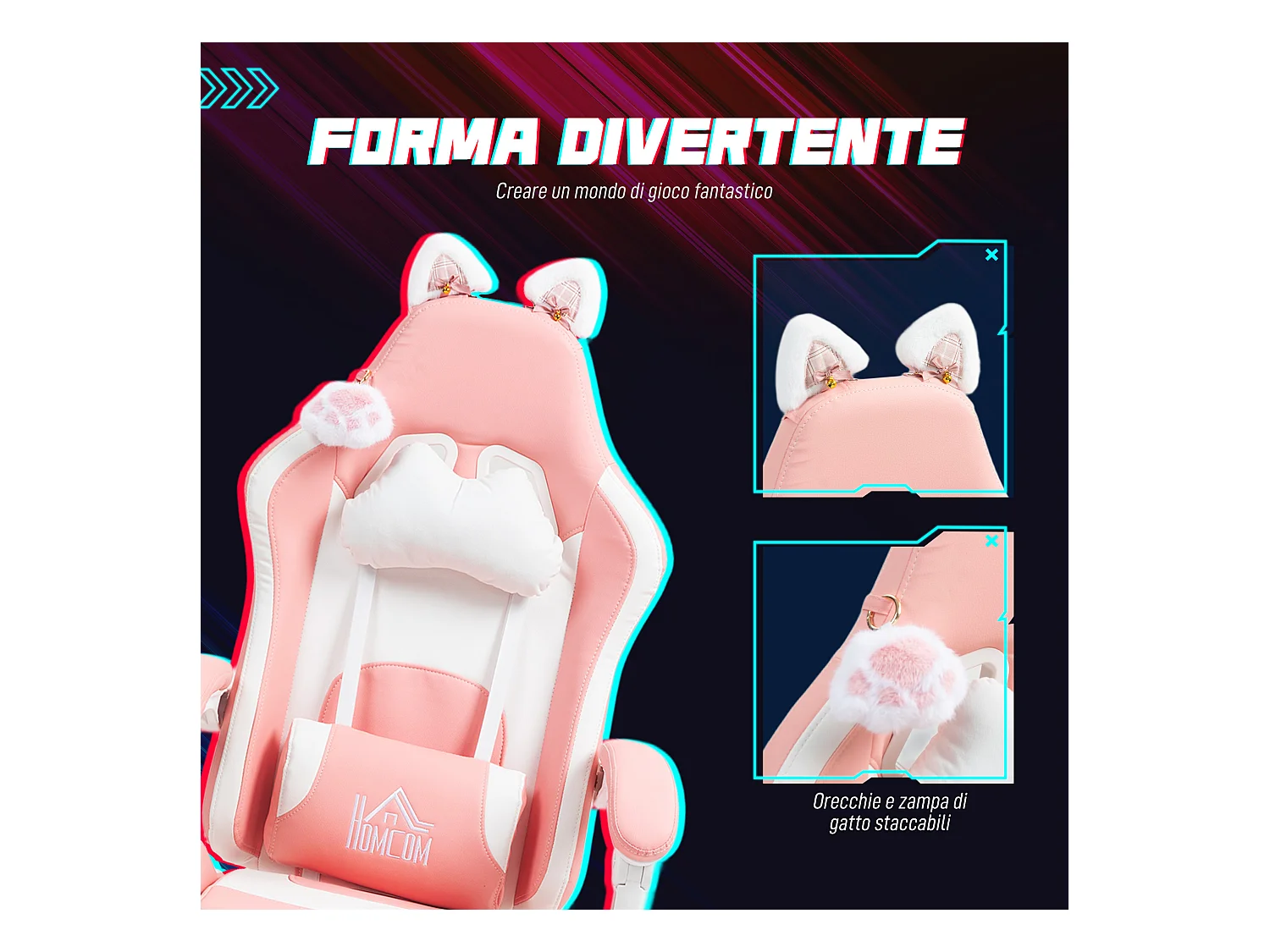 Sedia gaming con orecchie e poggiapiedi in finta pelle rosa