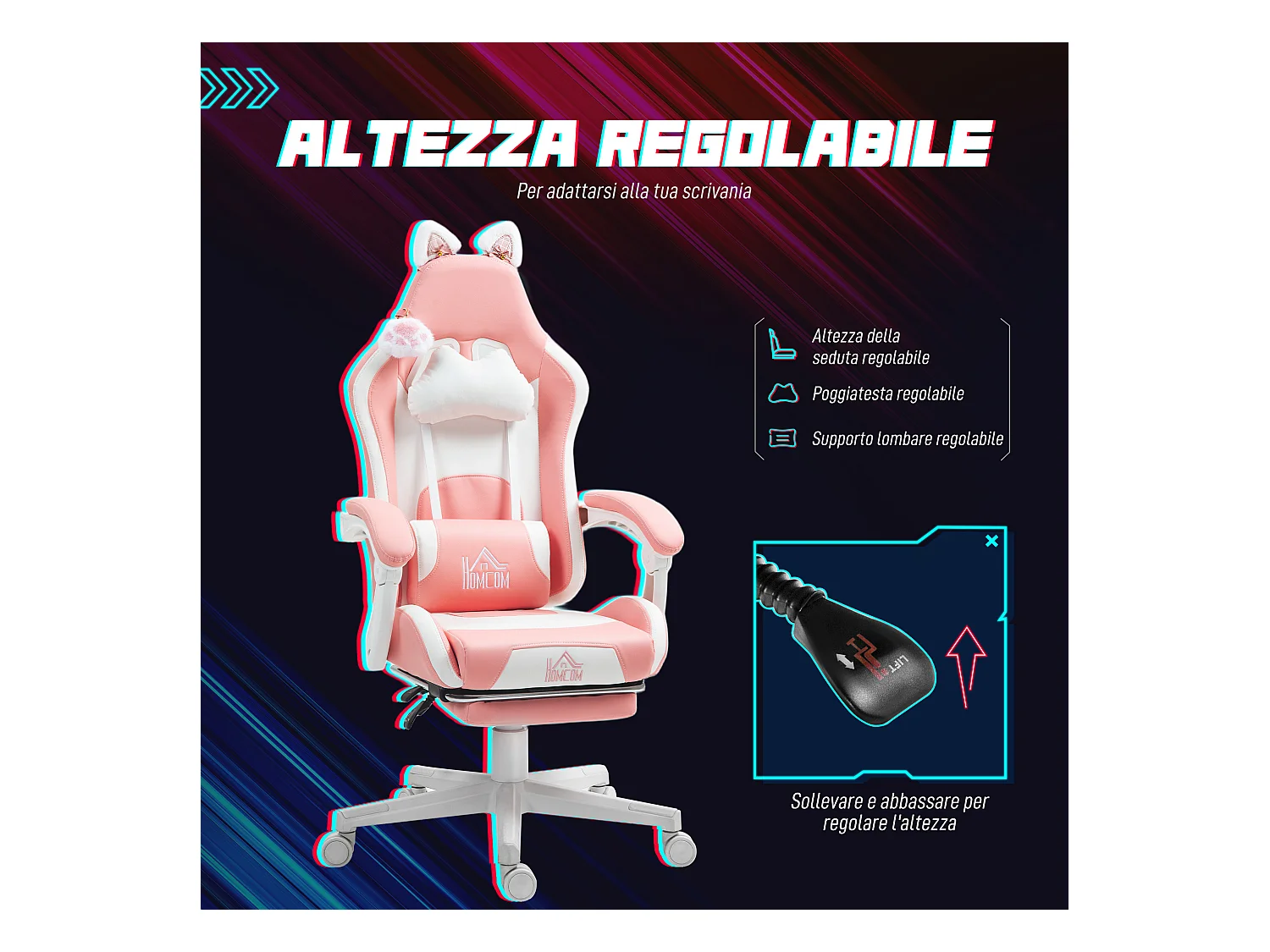 Sedia gaming con orecchie e poggiapiedi in finta pelle rosa