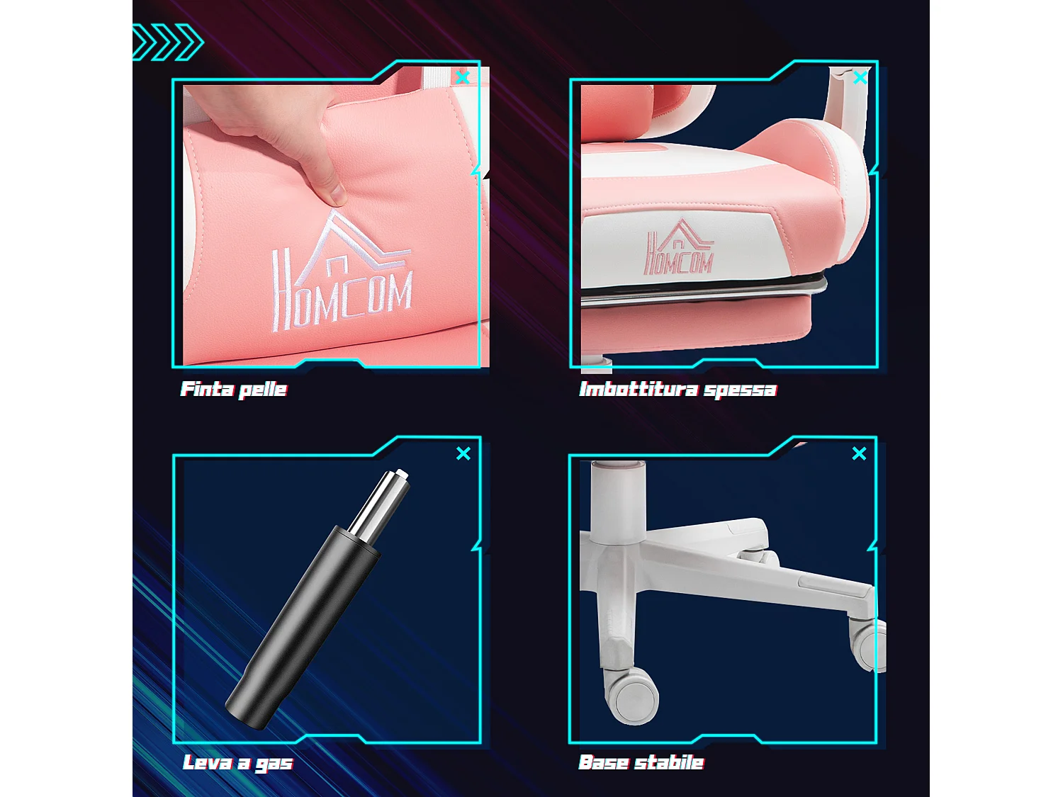 Sedia gaming con orecchie e poggiapiedi in finta pelle rosa