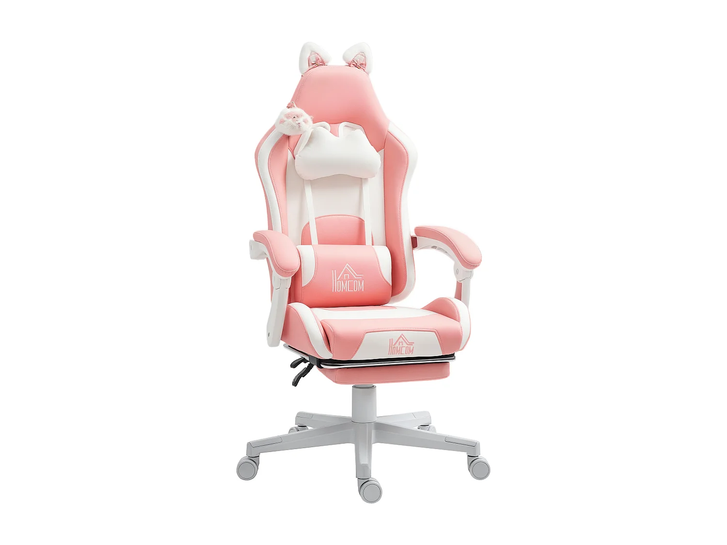 Sedia gaming con orecchie e poggiapiedi in finta pelle rosa