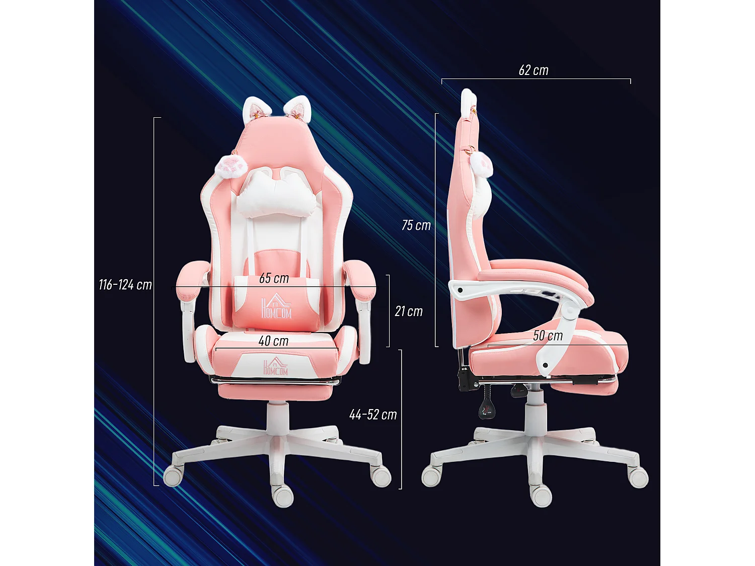 Sedia gaming con orecchie e poggiapiedi in finta pelle rosa