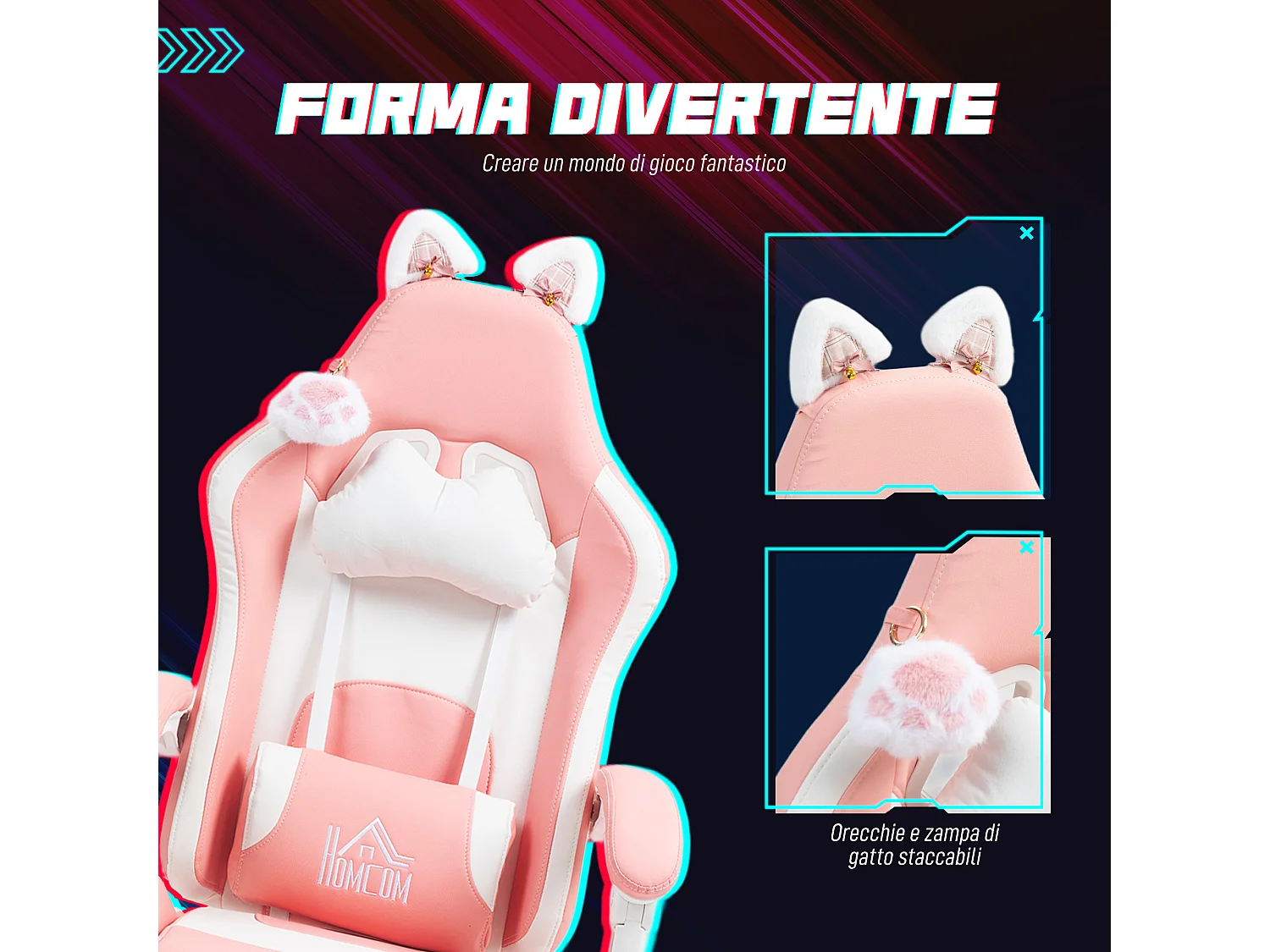 Sedia gaming con orecchie e poggiapiedi in finta pelle rosa