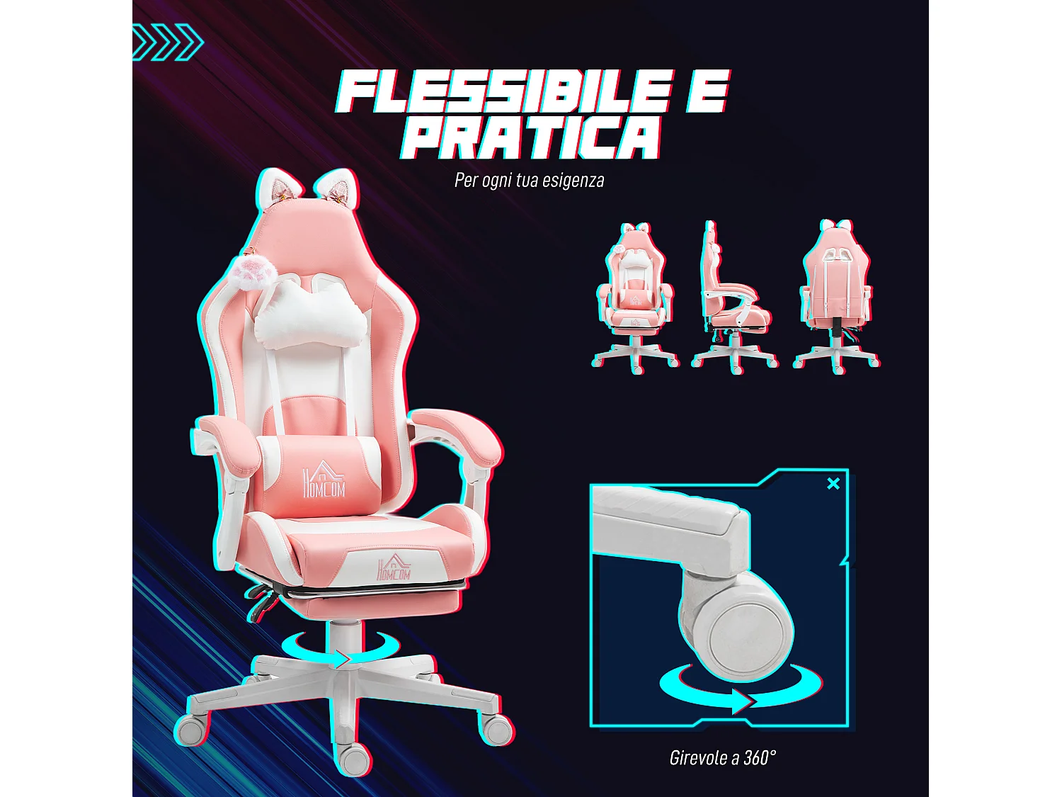 Sedia gaming con orecchie e poggiapiedi in finta pelle rosa