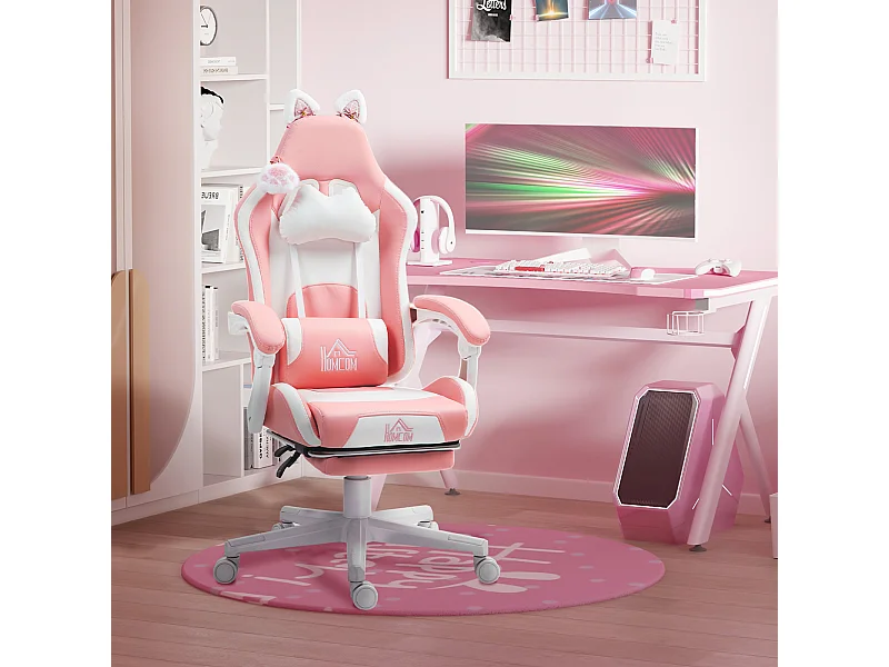 Sedia gaming con orecchie e poggiapiedi in finta pelle rosa