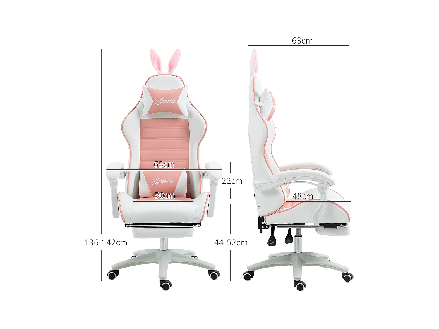 Sedia gaming reclinabile con poggiapiedi estraibile e orecchie rosa