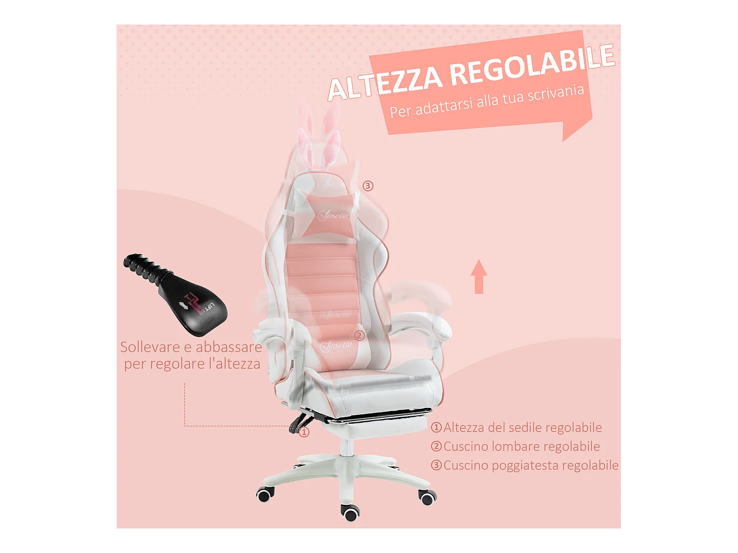 Sedia gaming reclinabile con poggiapiedi estraibile e orecchie rosa