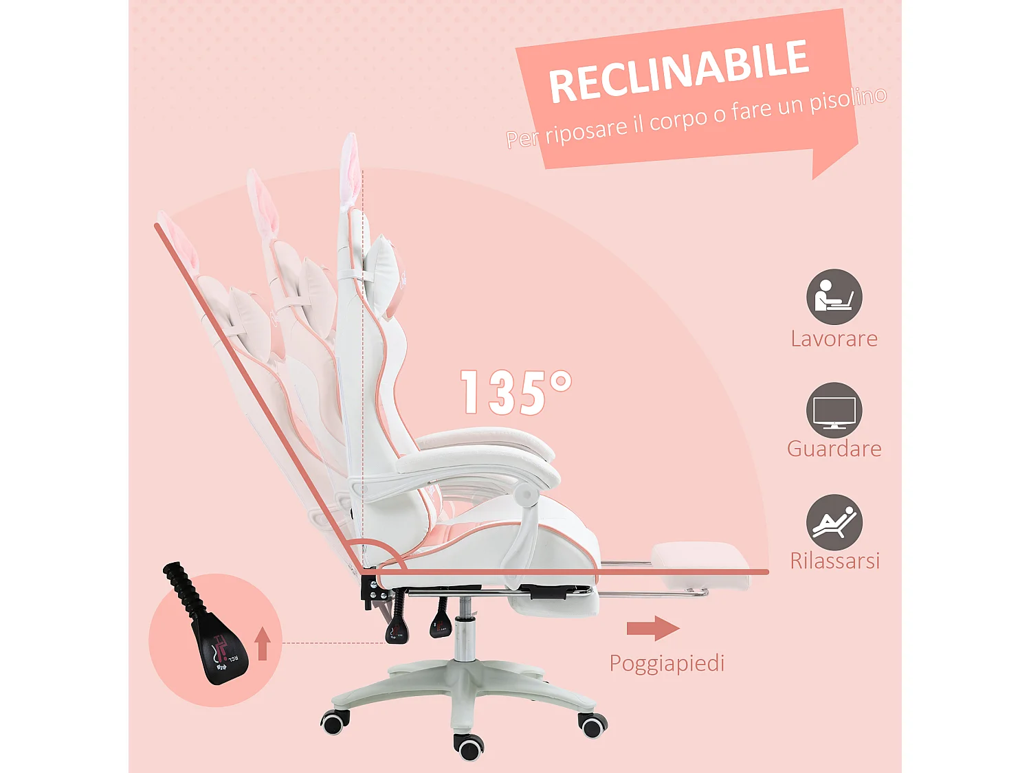 Sedia gaming reclinabile con poggiapiedi estraibile e orecchie rosa
