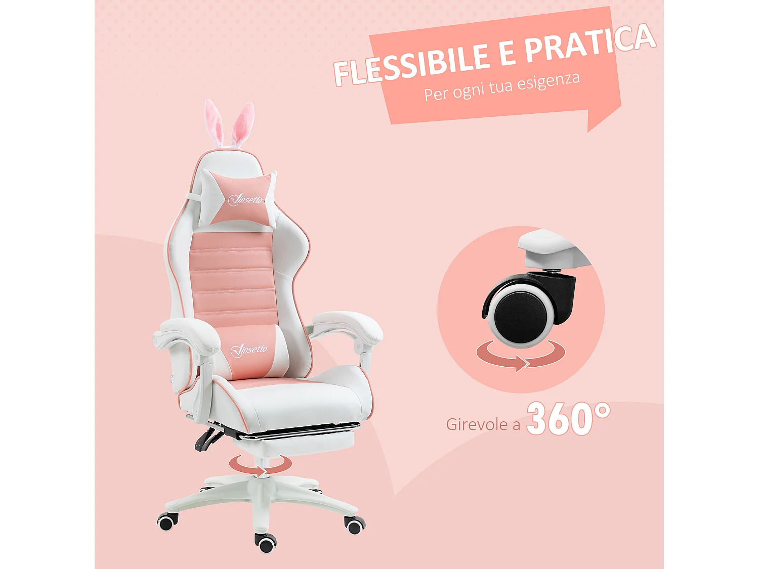 Sedia gaming reclinabile con poggiapiedi estraibile e orecchie rosa