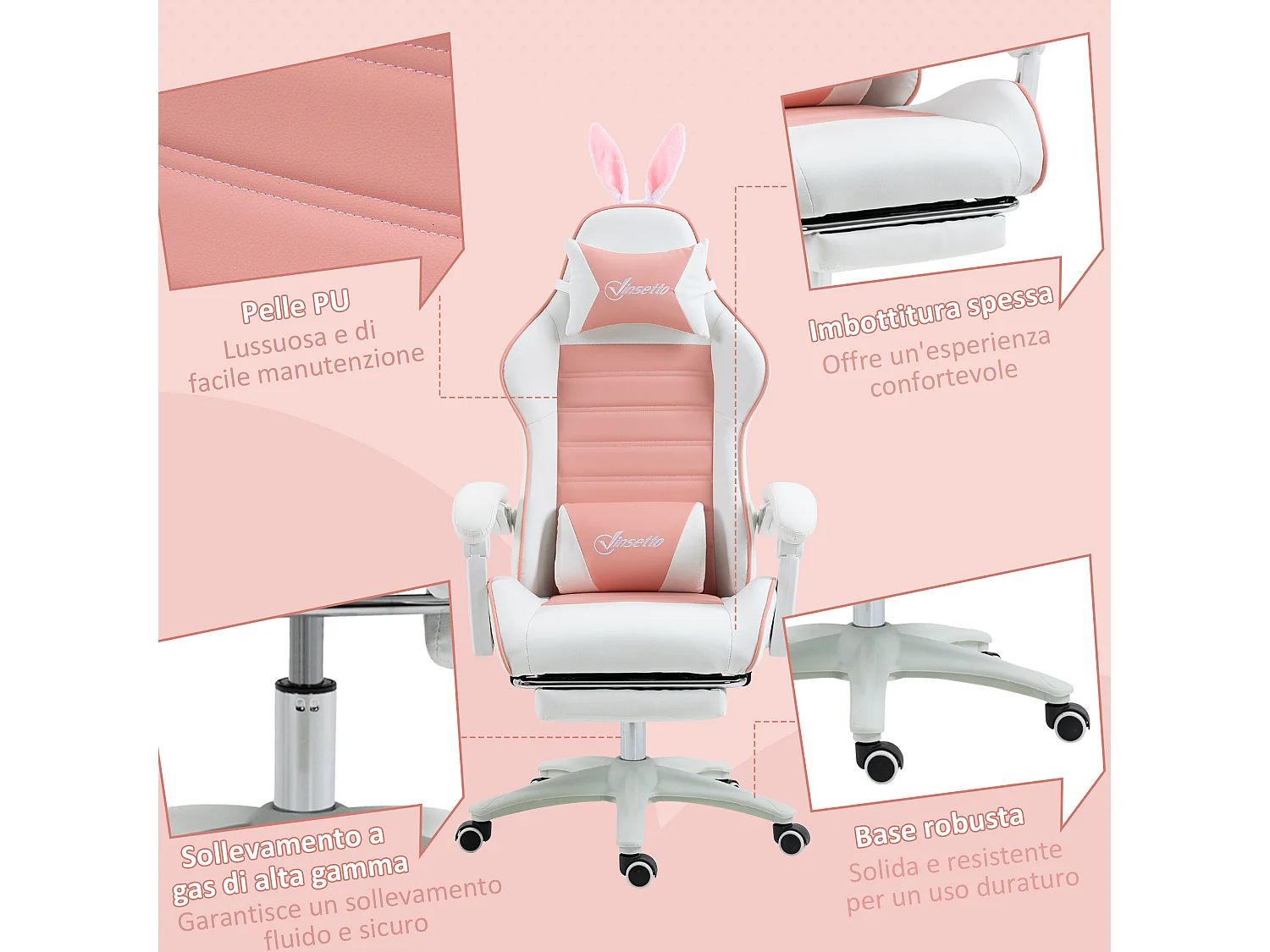 Sedia gaming reclinabile con poggiapiedi estraibile e orecchie rosa