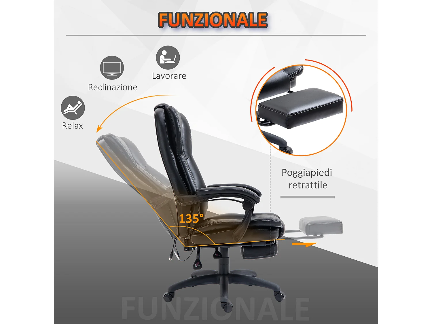 Sedia da ufficio ergonomica con 6 punti massaggianti nera