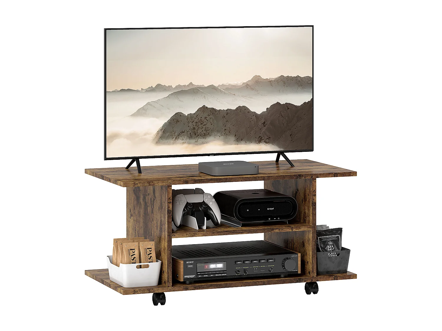 Mobile TV moderno con ripiani e ruote con freni marrone rustico