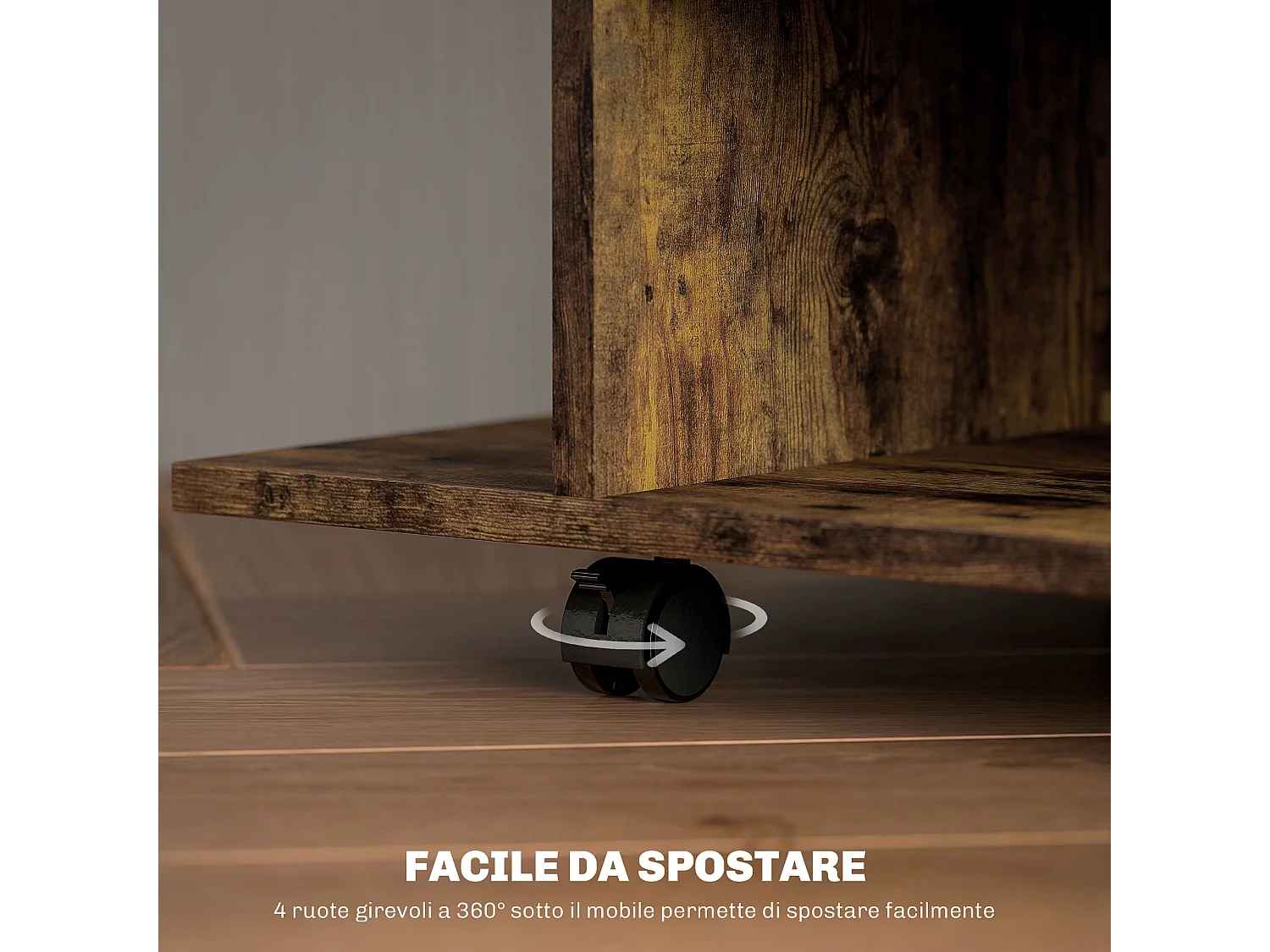 Mobile TV moderno con ripiani e ruote con freni marrone rustico