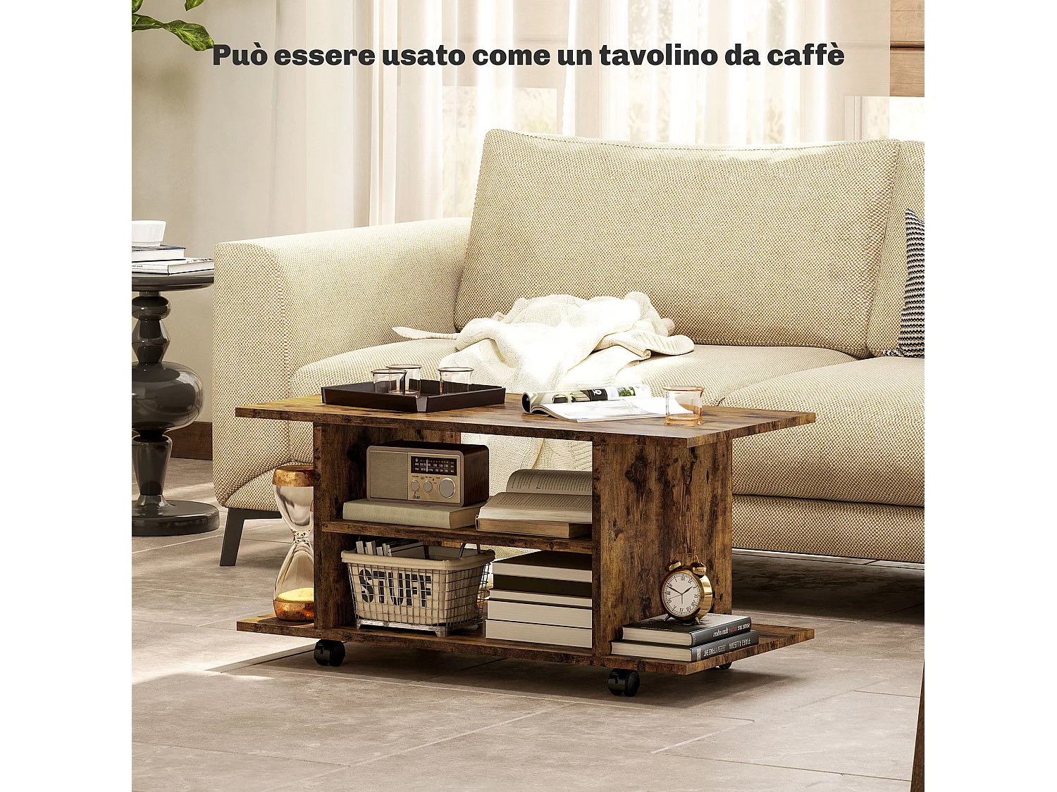 Mobile TV moderno con ripiani e ruote con freni marrone rustico