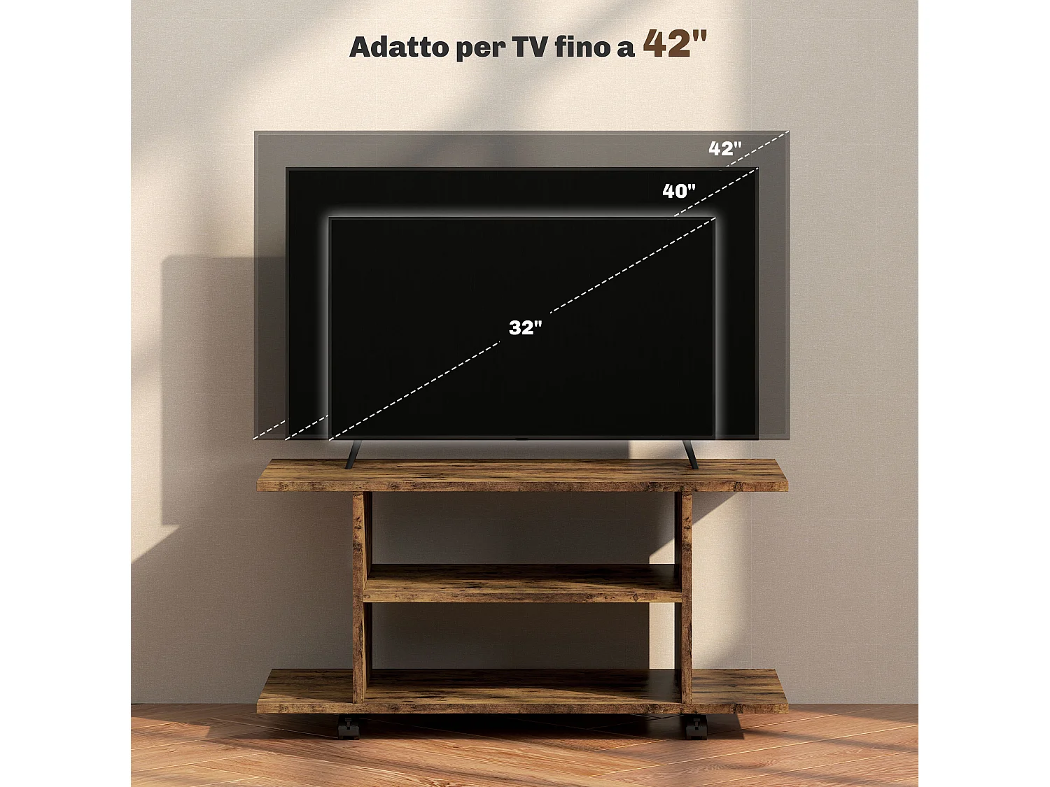 Mobile TV moderno con ripiani e ruote con freni marrone rustico
