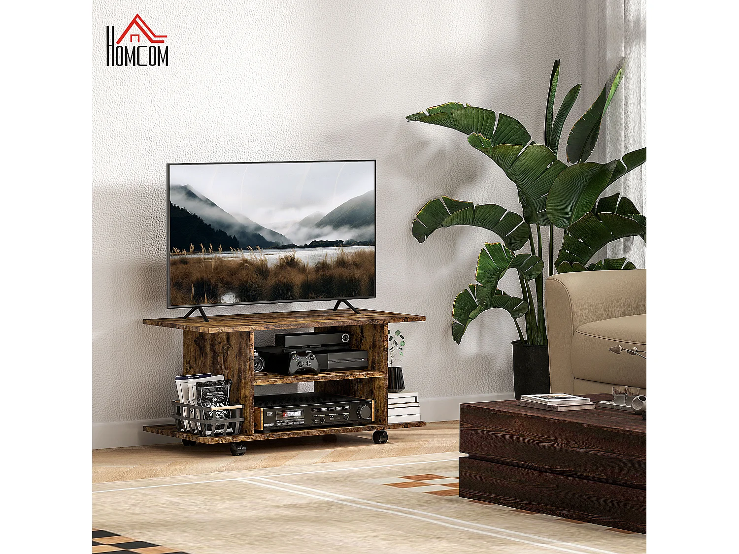 Mobile TV moderno con ripiani e ruote con freni marrone rustico