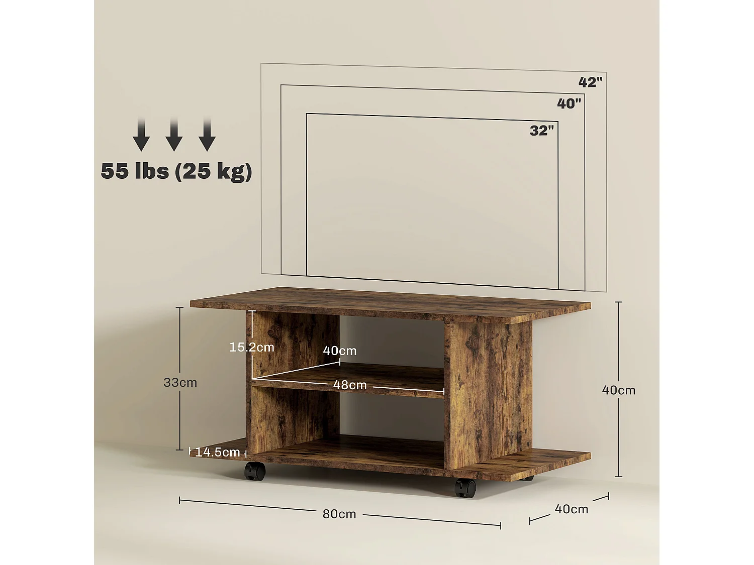Mobile TV moderno con ripiani e ruote con freni marrone rustico