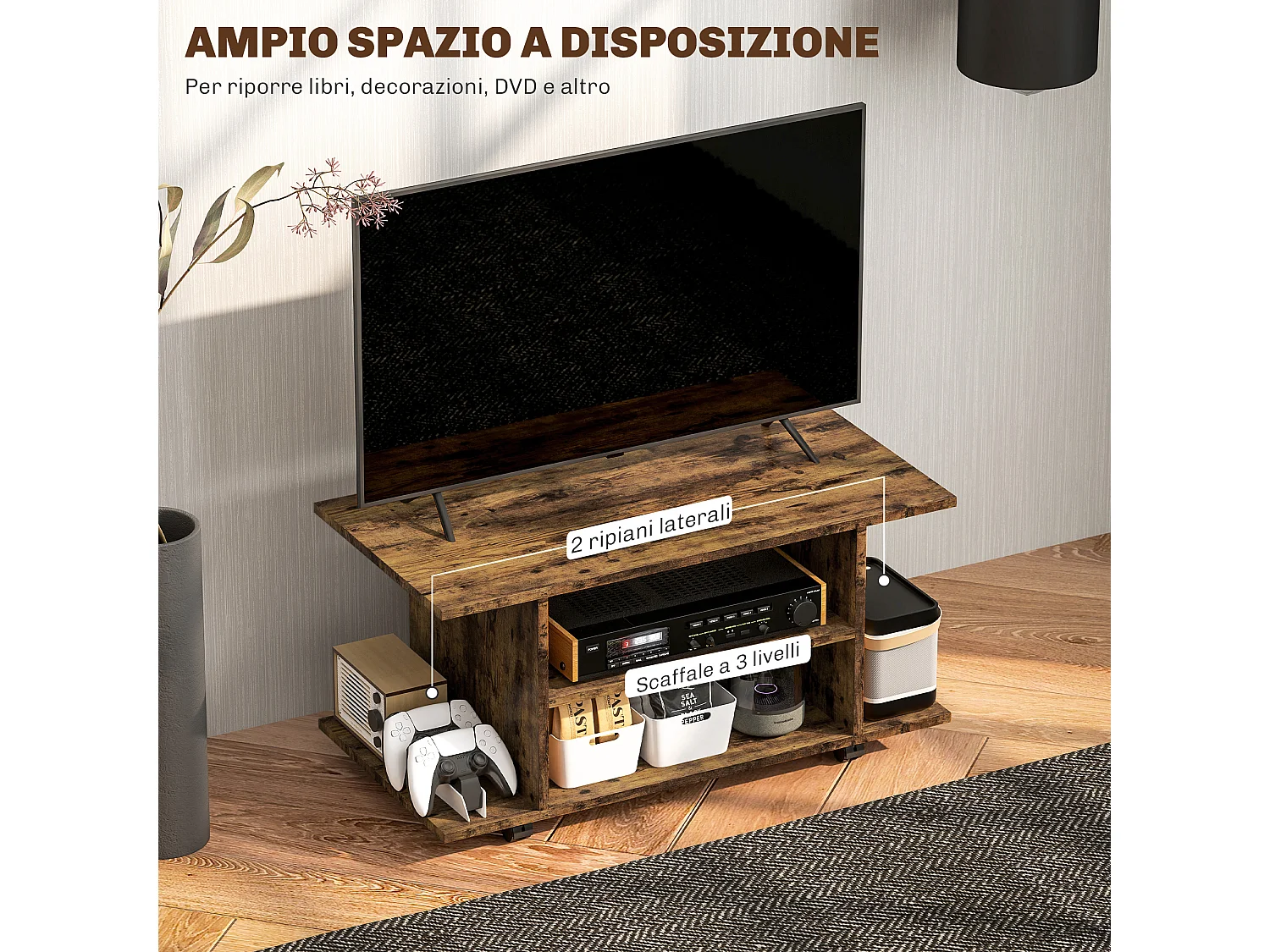 Mobile TV moderno con ripiani e ruote con freni marrone rustico