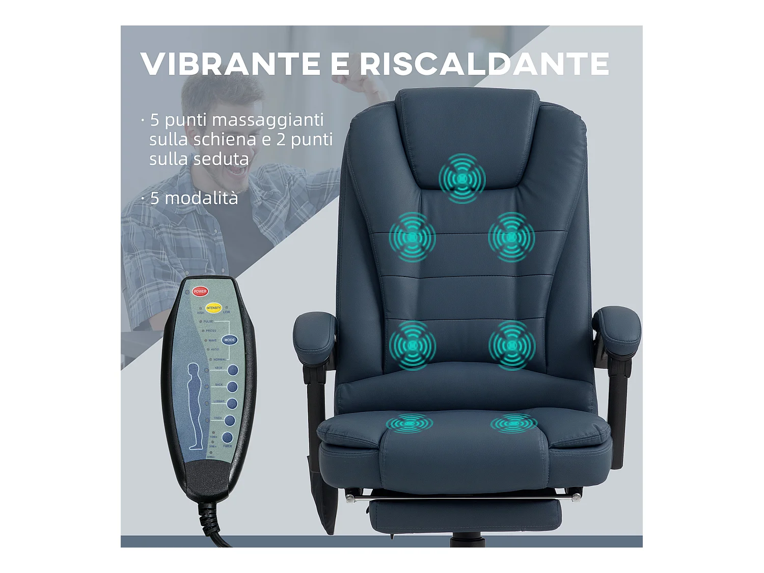 Poltrona ergonomica da ufficio reclinabile con poggiapiedi blu