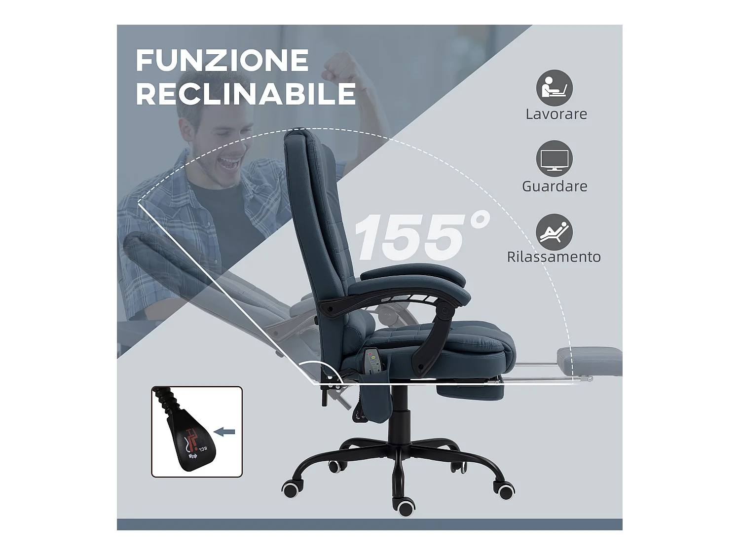 Poltrona ergonomica da ufficio reclinabile con poggiapiedi blu