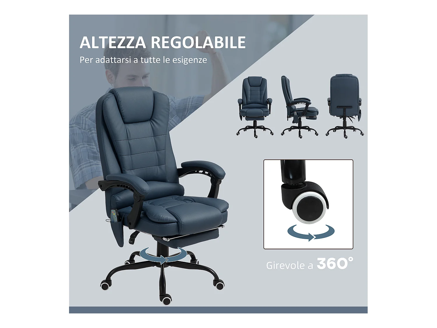 Poltrona ergonomica da ufficio reclinabile con poggiapiedi blu