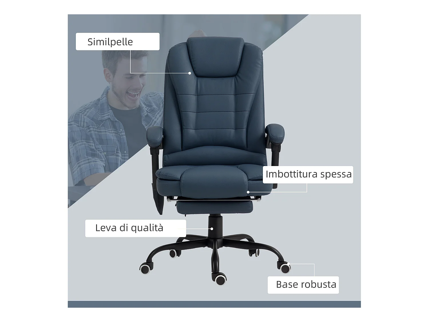 Poltrona ergonomica da ufficio reclinabile con poggiapiedi blu