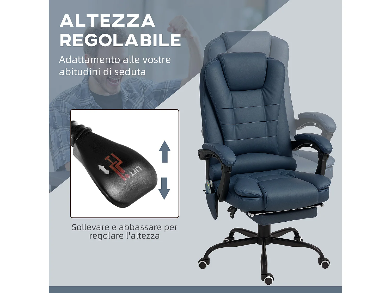 Poltrona ergonomica da ufficio reclinabile con poggiapiedi blu